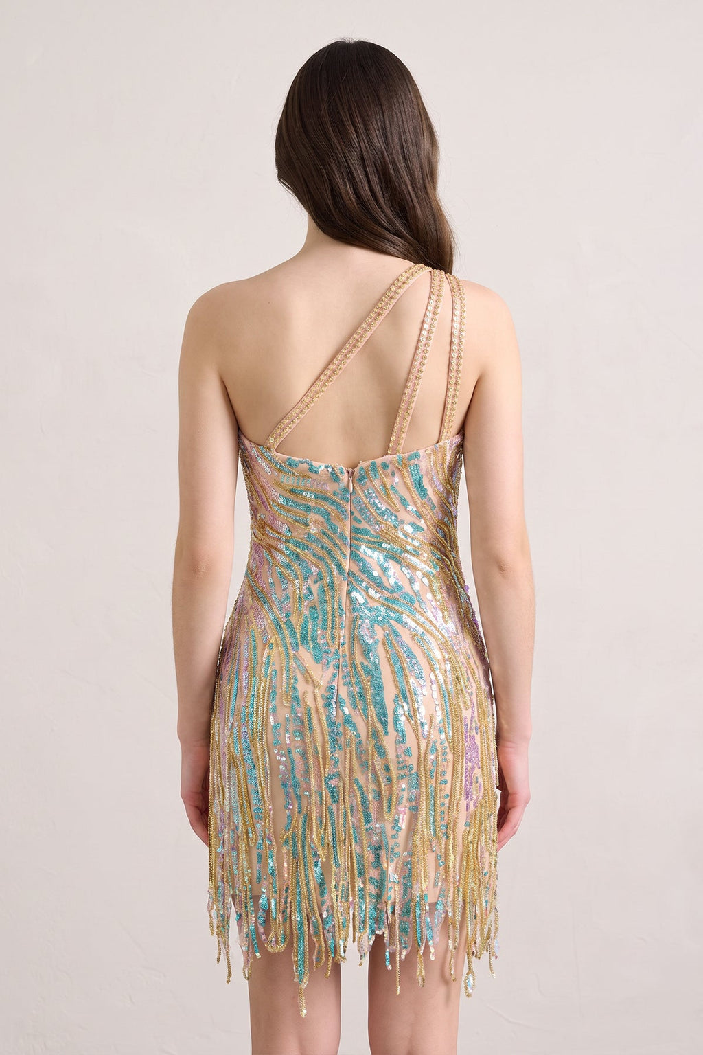 Sparkly Blue One Shoulder Sequins Mini Party Dresses with Fringes