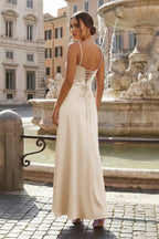 Evelina Wren Champagne back view prom dress