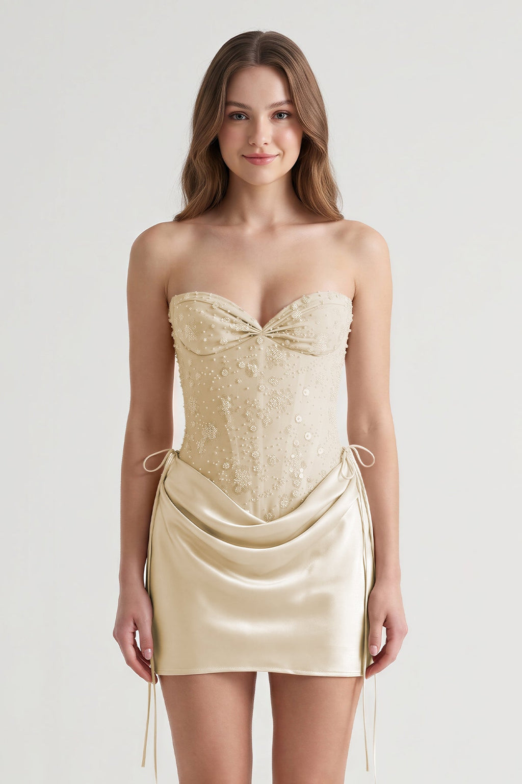 Pink Sweetheart Sheath Corset Ruched Satin Homecoming Dress with Beading