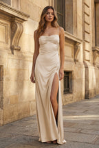 Yellow Satin Sheath Evening Dress with Sweetheart Neckline and Slit