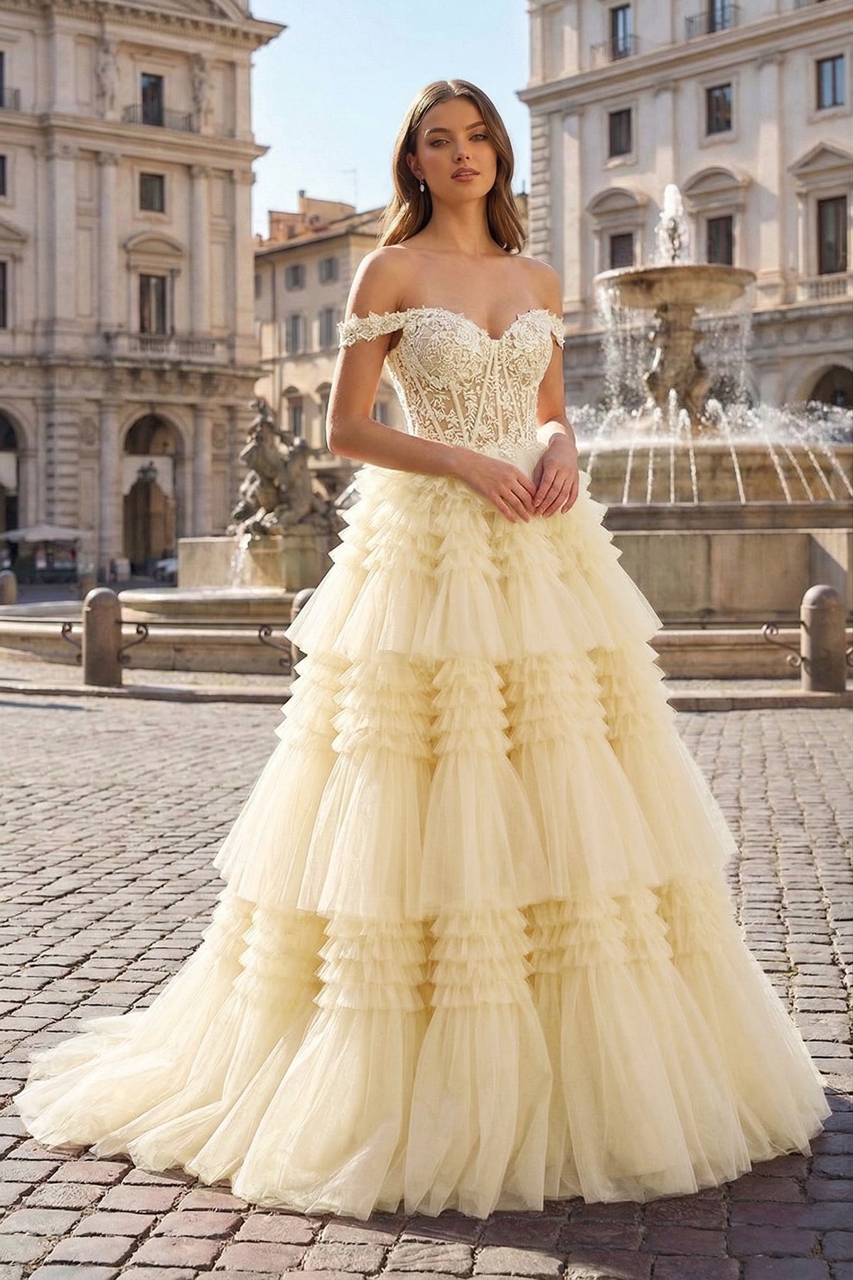 Aurelia Wren Champagne front view prom dress