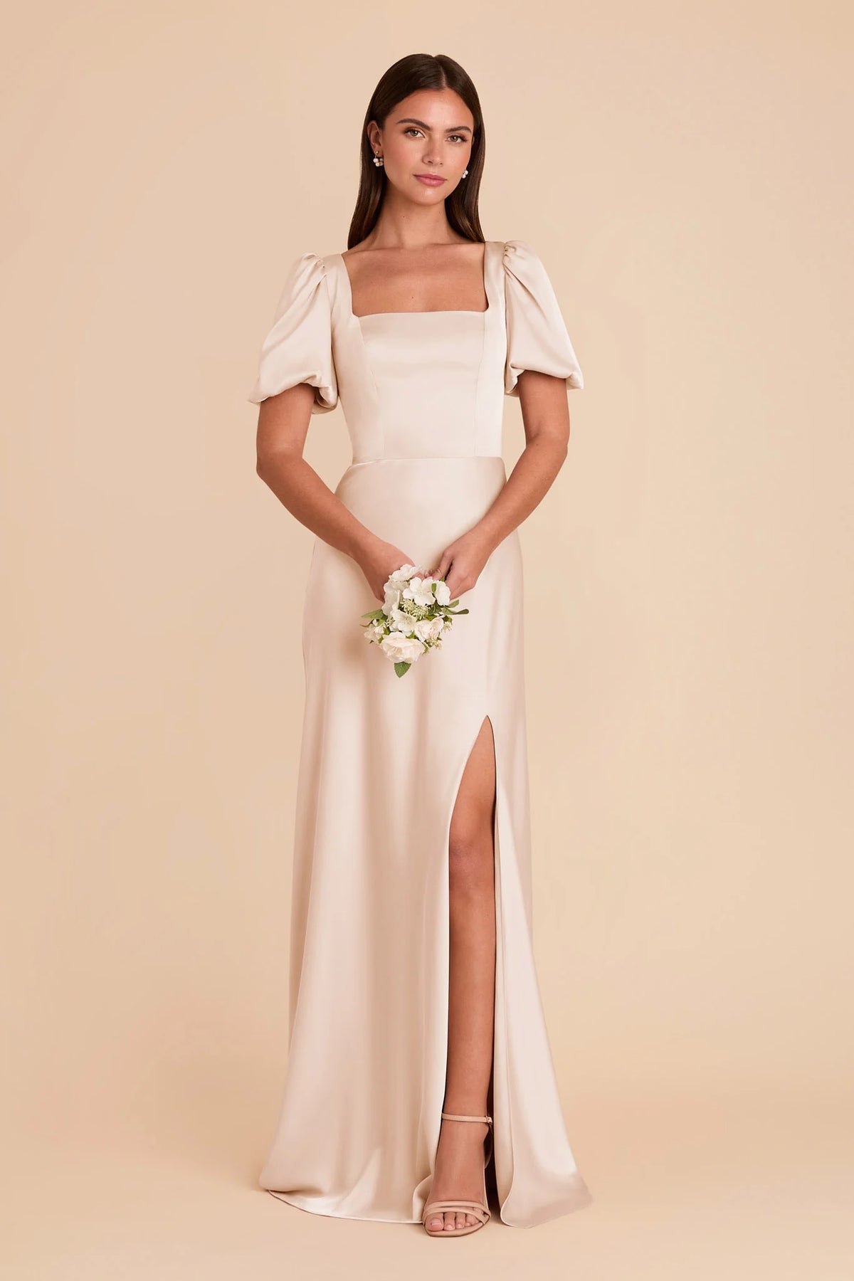 Selene Champagne front view bridesmaid dress