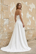Diamond White Satin Mermaid Wedding Dress with Strapless Neckline and Slit