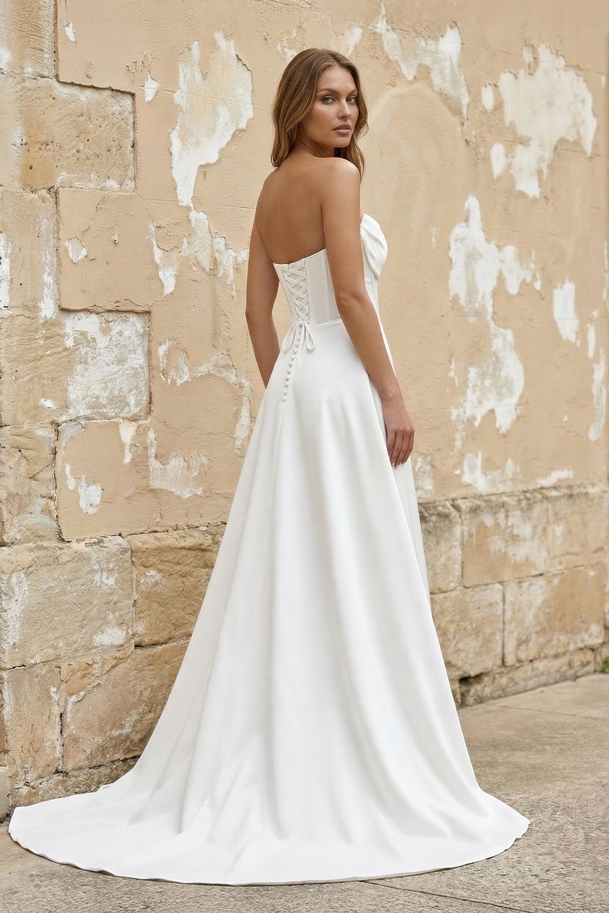 Diamond White Satin Mermaid Wedding Dress with Strapless Neckline and Slit