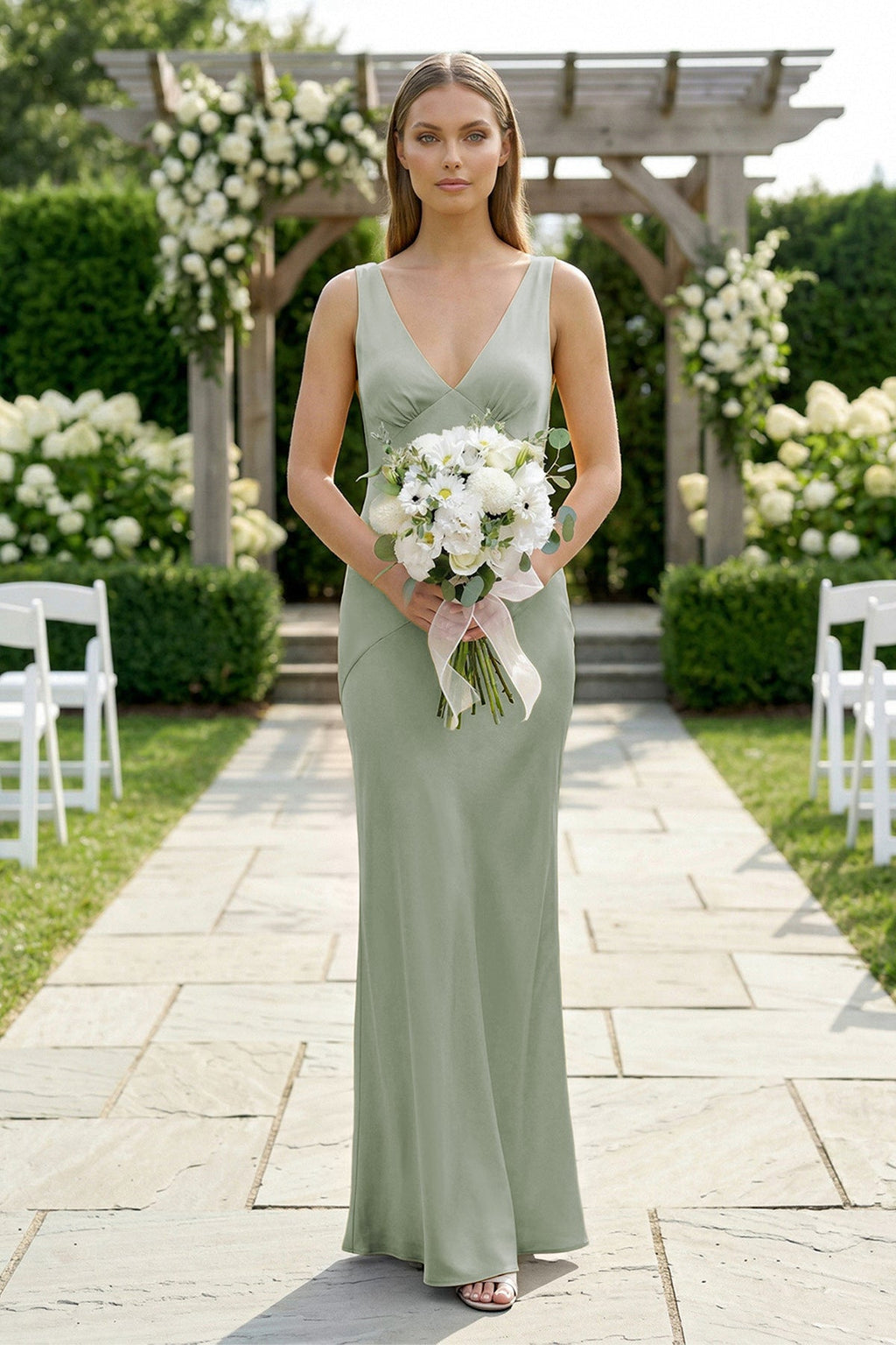 Orange Satin Sheath Bridesmaid Dress with V-Neck Neckline