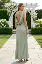 Orange Satin Sheath Bridesmaid Dress with V-Neck Neckline
