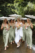 Orange Satin Sheath Bridesmaid Dress with V-Neck Neckline
