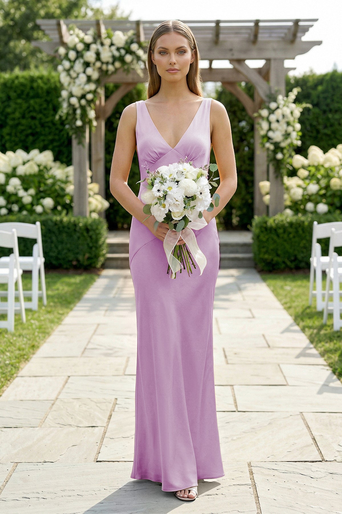 Orange Satin Sheath Bridesmaid Dress with V-Neck Neckline