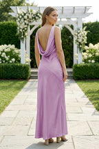 Orange Satin Sheath Bridesmaid Dress with V-Neck Neckline