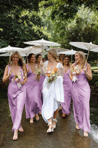 Orange Satin Sheath Bridesmaid Dress with V-Neck Neckline