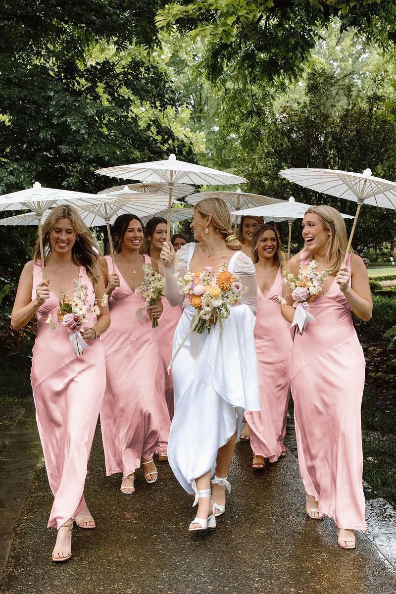 Orange Satin Sheath Bridesmaid Dress with V-Neck Neckline