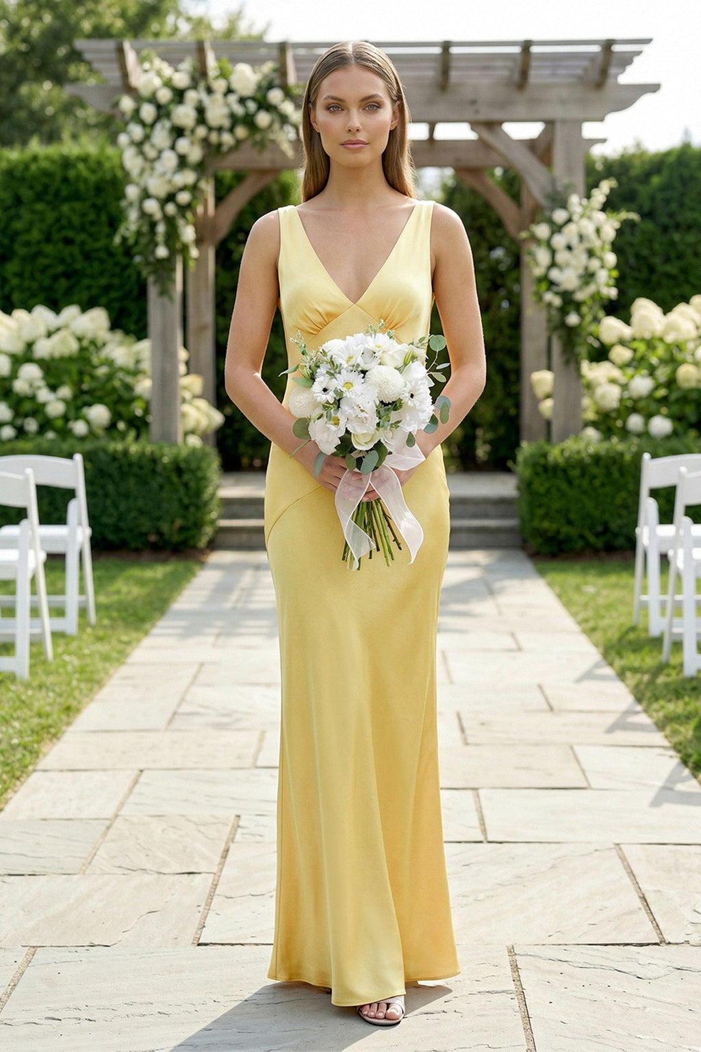 Orange Satin Sheath Bridesmaid Dress with V-Neck Neckline