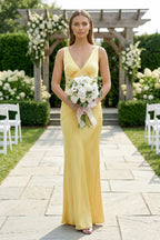 Orange Satin Sheath Bridesmaid Dress with V-Neck Neckline