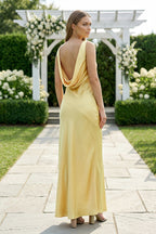 Orange Satin Sheath Bridesmaid Dress with V-Neck Neckline