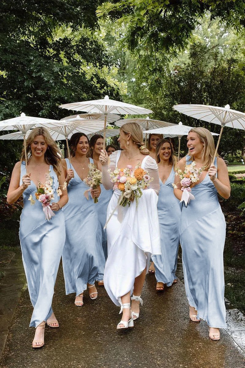 Orange Satin Sheath Bridesmaid Dress with V-Neck Neckline