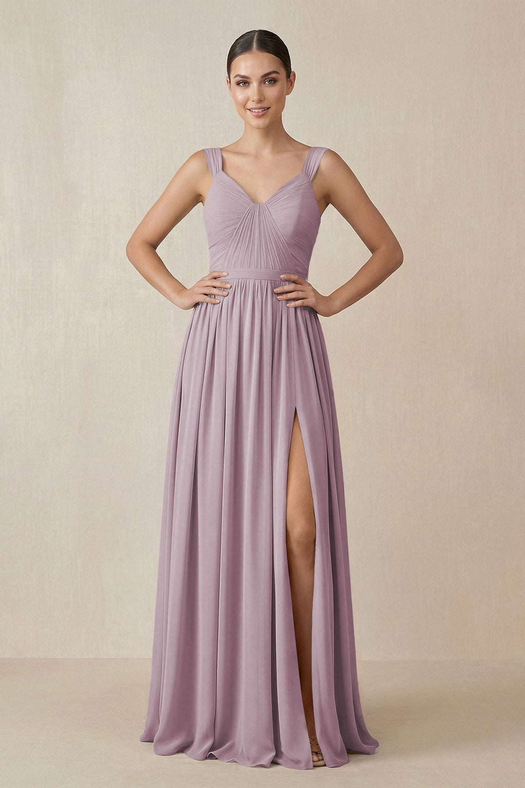 As Picture Chiffon A-Line Bridesmaid Dress with V-Neck Neckline and Pleated Detail