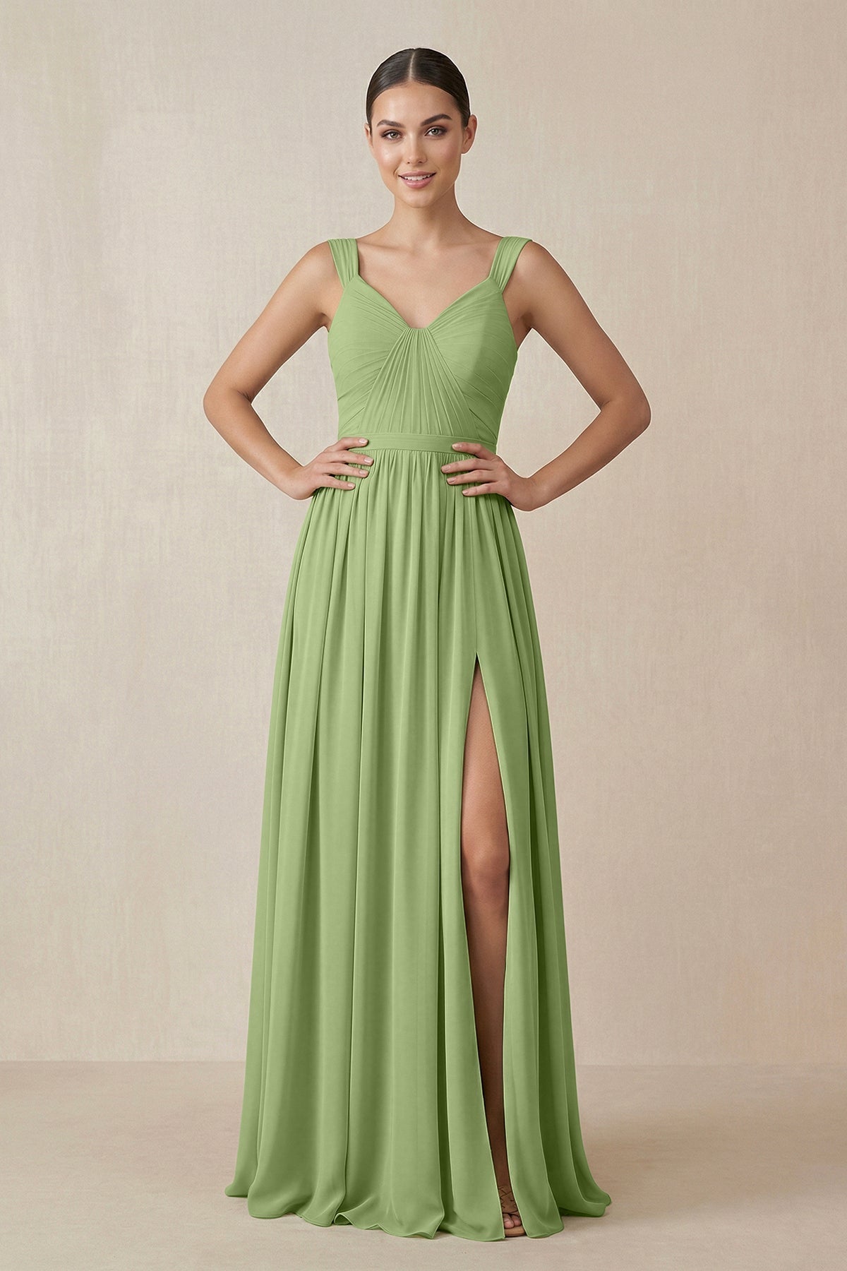 As Picture Chiffon A-Line Bridesmaid Dress with V-Neck Neckline and Pleated Detail