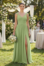As Picture Chiffon A-Line Bridesmaid Dress with V-Neck Neckline and Pleated Detail
