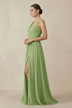 As Picture Chiffon A-Line Bridesmaid Dress with V-Neck Neckline and Pleated Detail