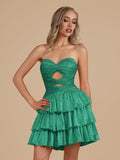 Royal Blue A Line Sweetheart Satin Cut Out Ruffled Homecoming Dresses with Beads