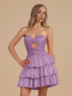 Royal Blue A Line Sweetheart Satin Cut Out Ruffled Homecoming Dresses with Beads
