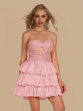 Royal Blue A Line Sweetheart Satin Cut Out Ruffled Homecoming Dresses with Beads