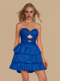 Royal Blue A Line Sweetheart Satin Cut Out Ruffled Homecoming Dresses with Beads