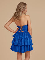 Royal Blue A Line Sweetheart Satin Cut Out Ruffled Homecoming Dresses with Beads