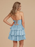 Royal Blue A Line Sweetheart Satin Cut Out Ruffled Homecoming Dresses with Beads
