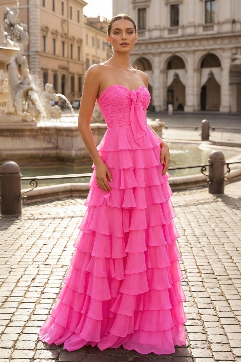Fuchsia Chiffon A-Line Evening Dress with Sweetheart Neckline and Ruffles