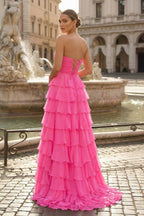 Fuchsia Chiffon A-Line Evening Dress with Sweetheart Neckline and Ruffles