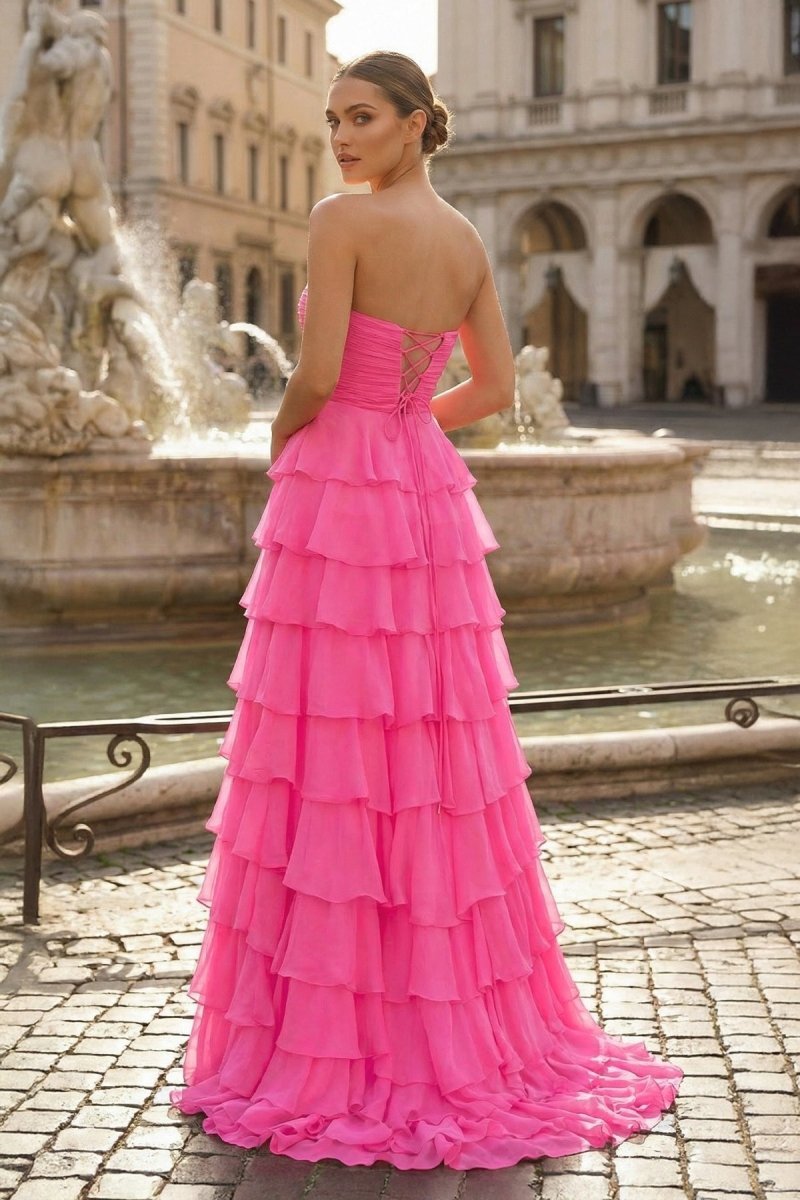 Fuchsia Chiffon A-Line Evening Dress with Sweetheart Neckline and Ruffles