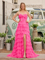 Fuchsia Chiffon A-Line Evening Dress with Sweetheart Neckline and Ruffles