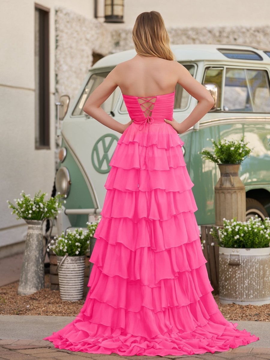 Fuchsia Chiffon A-Line Evening Dress with Sweetheart Neckline and Ruffles