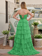 Fuchsia Chiffon A-Line Evening Dress with Sweetheart Neckline and Ruffles