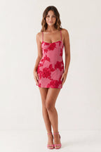 Coral Pink Spaghetti Straps Embroidered Sheath Mini Homecoming Dress
