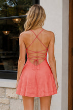 Fiorella Coral Pink back view homecoming dress