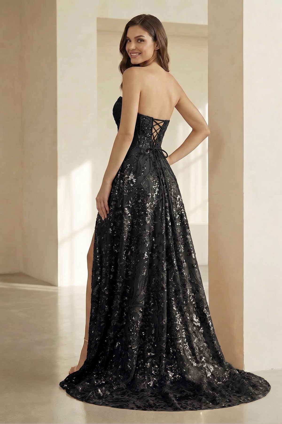 Renata Sol Black back view prom dress