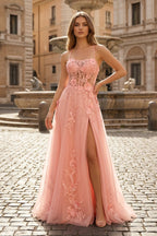 Selene Coral front view prom dress