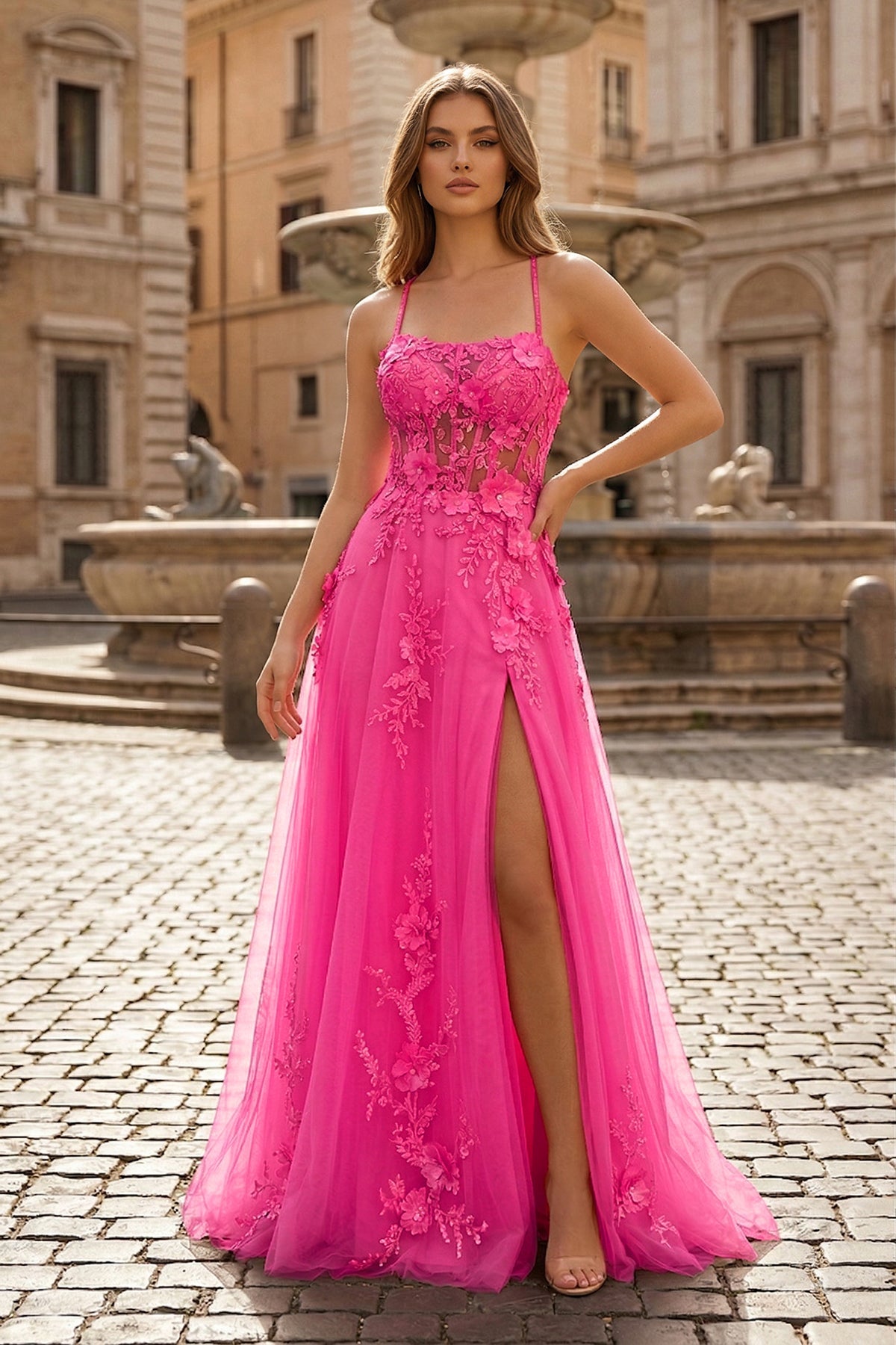 Selene Fuchsia front view prom dress