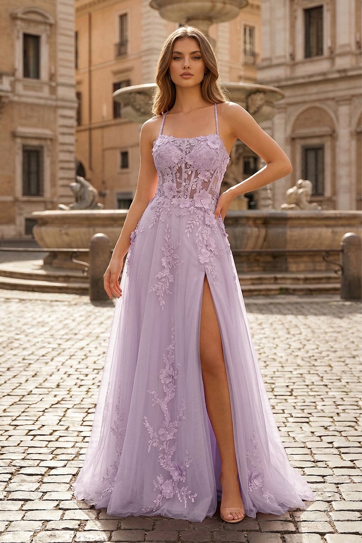 Selene Lavender front view prom dress