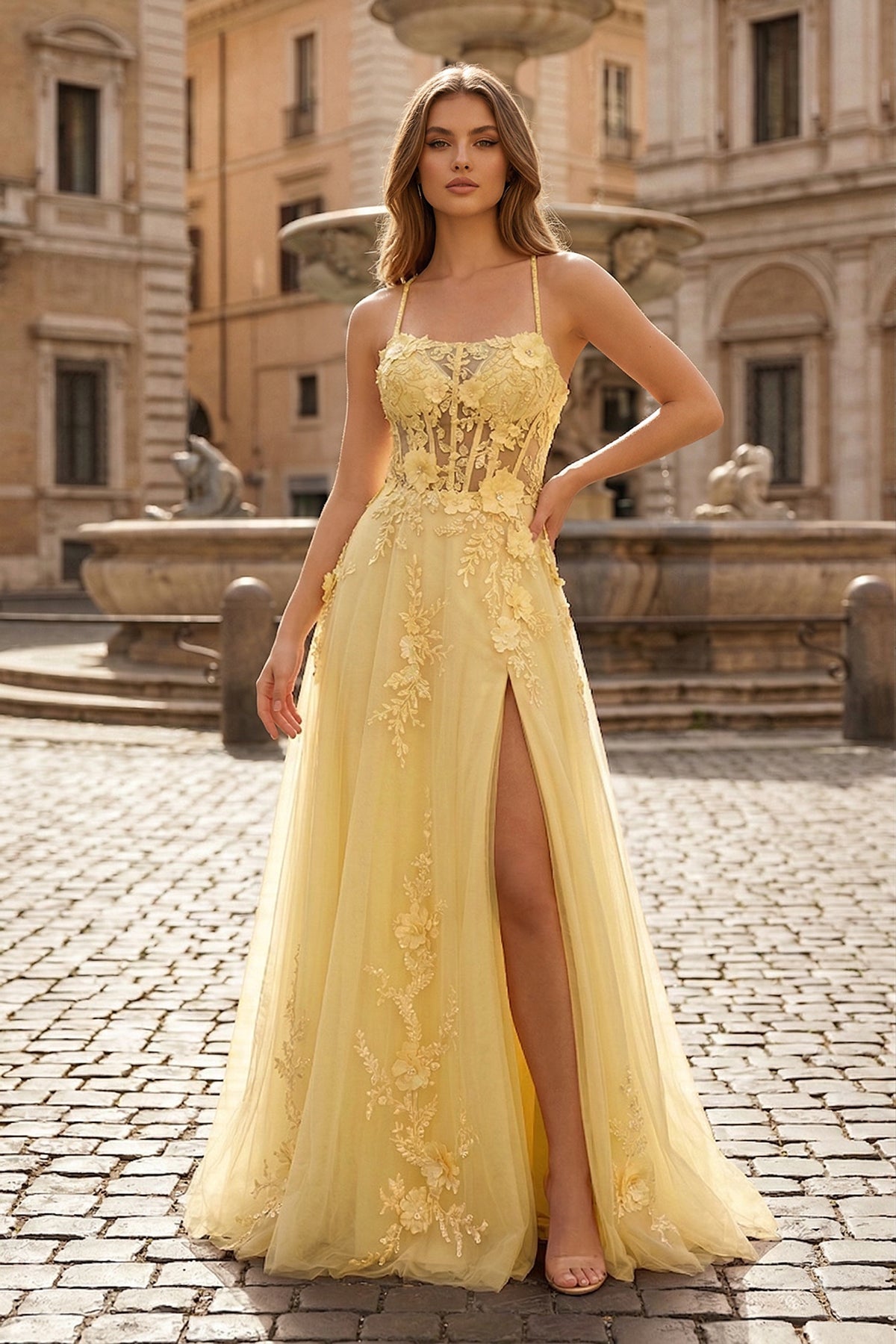 Selene Yellow front view prom dress