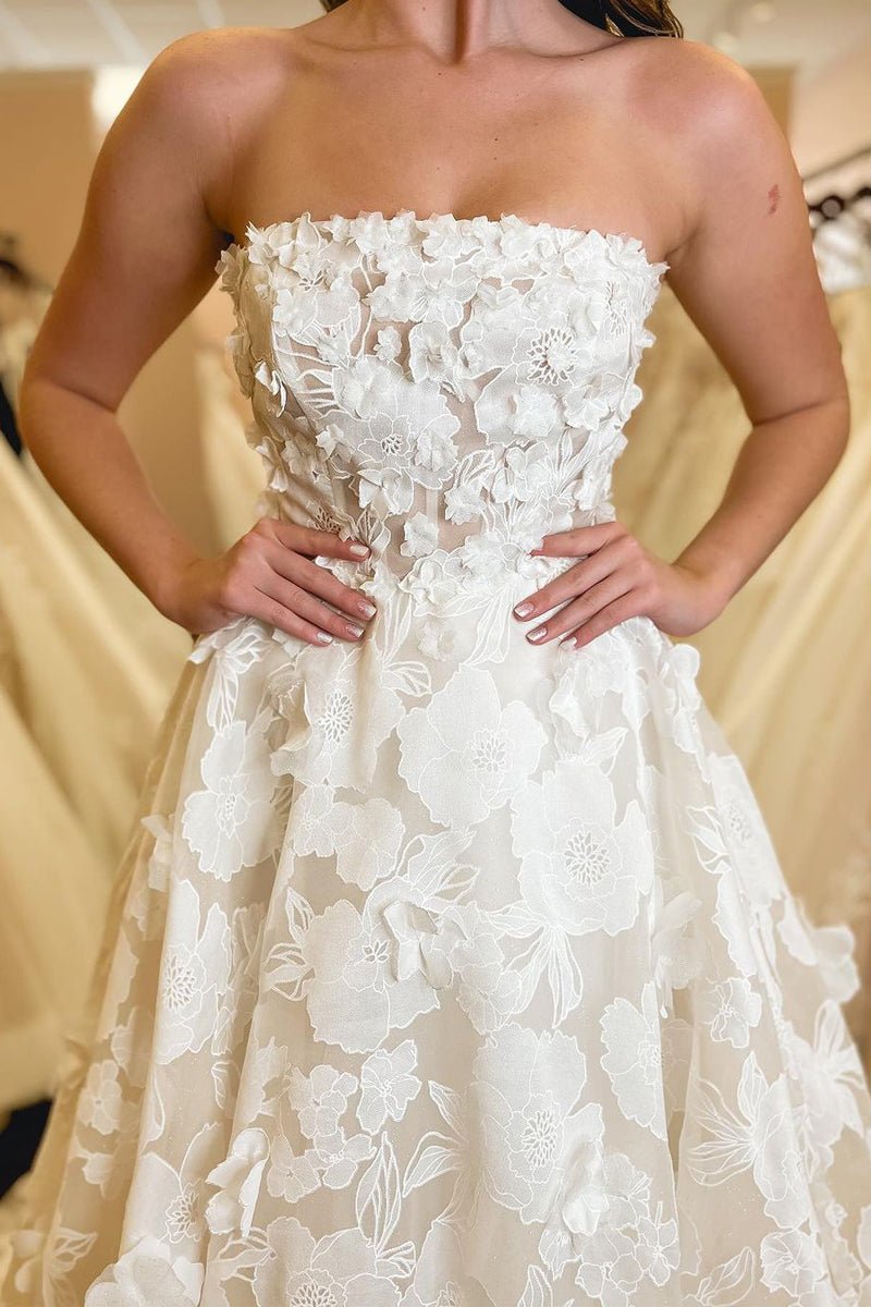 White Lace A-Line Wedding Dress with Strapless Neckline and Floral Detail