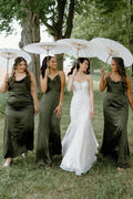 Grey Satin Bridesmaid Dress with Hunter Green Detail