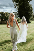Sage Green Satin Sheath Bridesmaid Dress with V-Neck Neckline and Floor Length