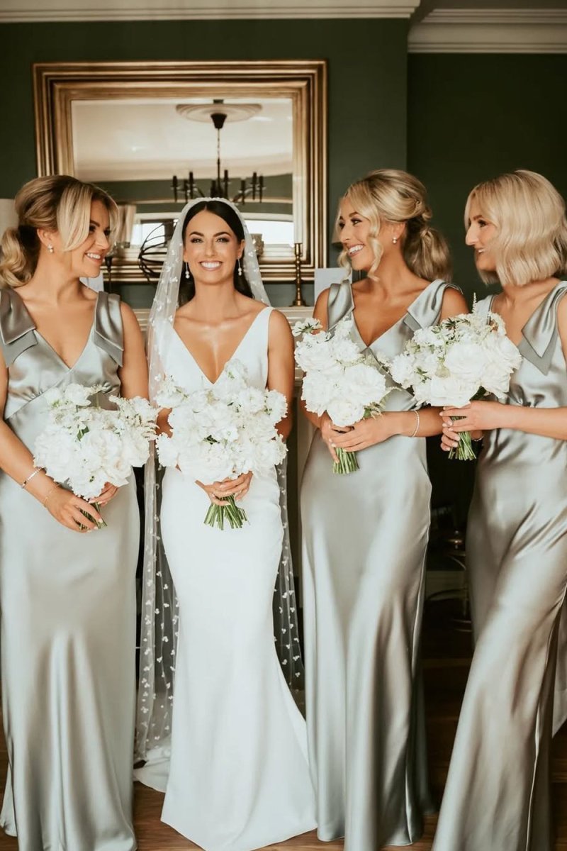 Sage Green Satin Sheath Bridesmaid Dress with V-Neck Neckline and Floor Length