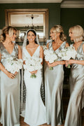 Sage Green Satin Sheath Bridesmaid Dress with V-Neck Neckline and Floor Length