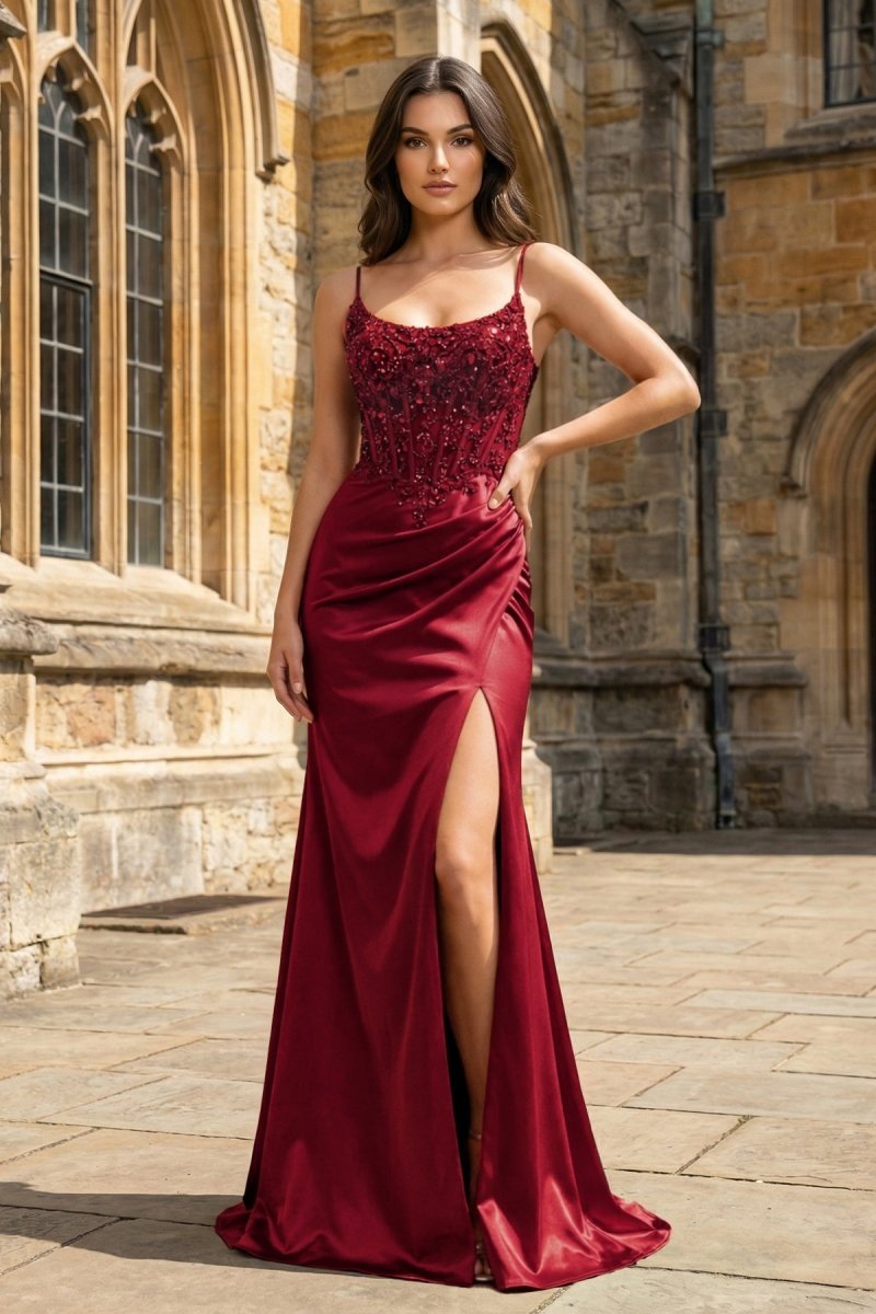 Theodora Faye Burgundy front view prom dress