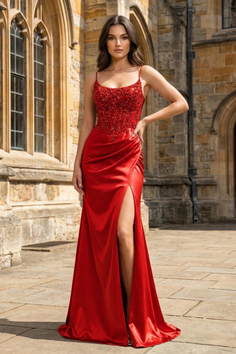 Theodora Faye Red front view prom dress