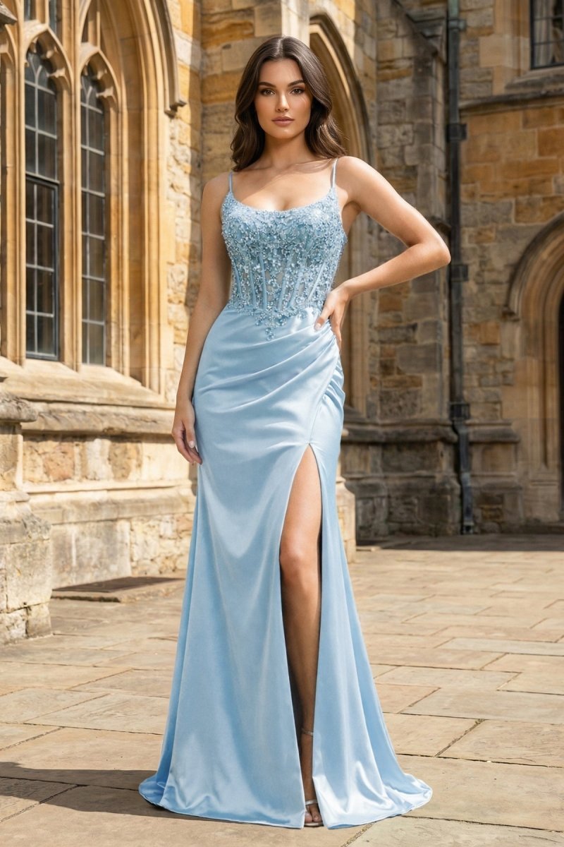 Hespera Sky Blue front view evening dress